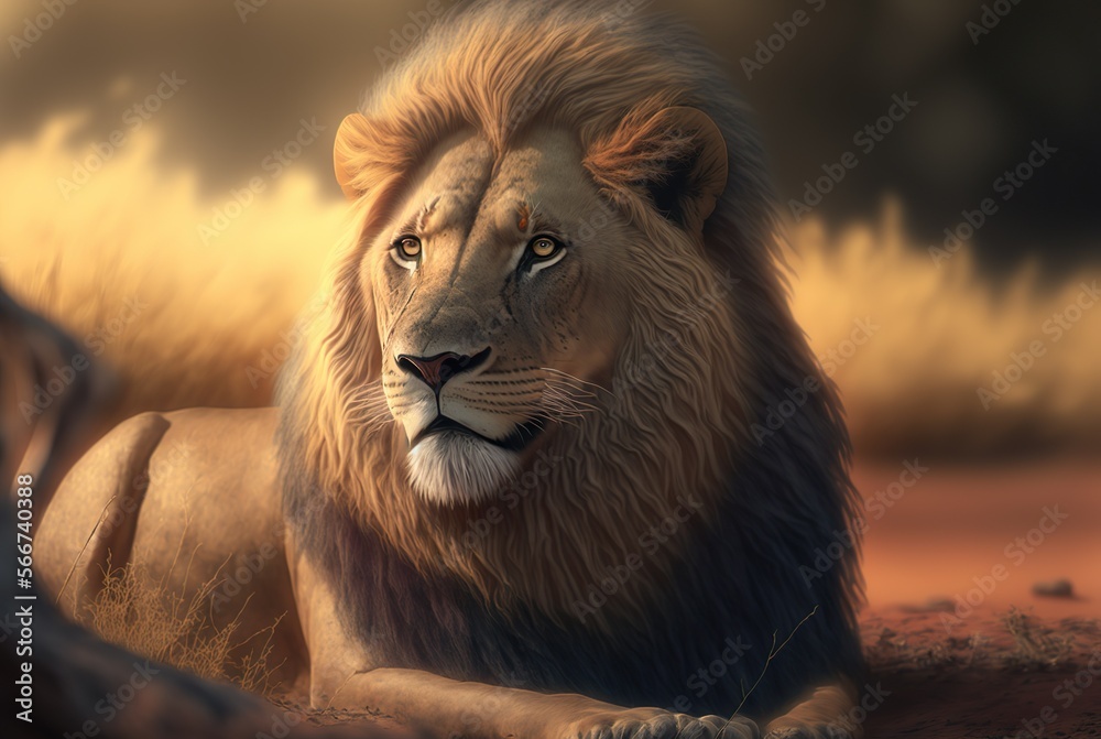 lion lying in the savannah, cinematic, realistic. generative ai