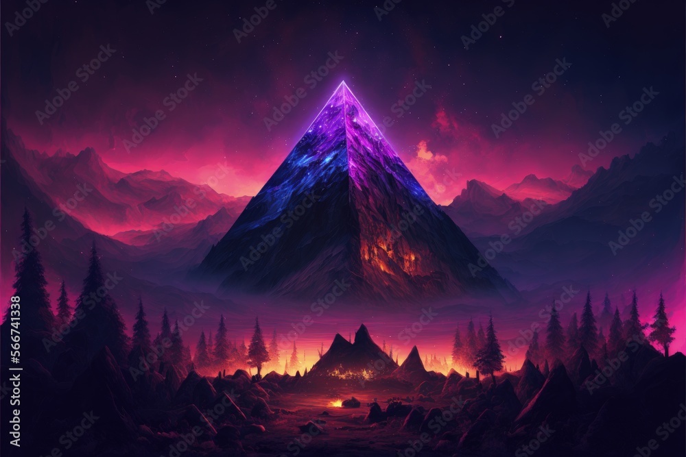 Landscape with purple crystal pyramid and mountains in the background. Generative AI