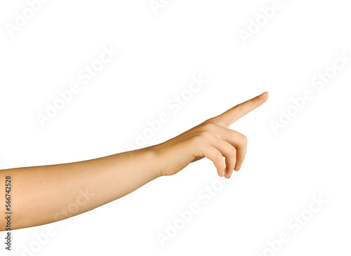 A woman's hand is insulated on a white background with space for a copy. The isolated hand points the finger straight. Human hand on a white background