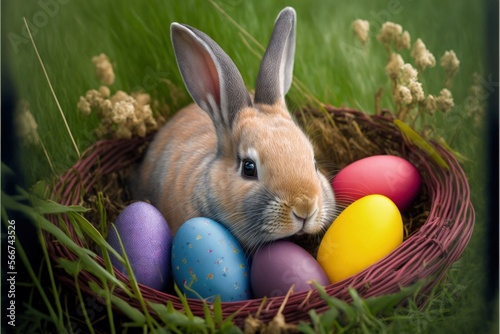 Rabbit inside the basket with easter eggs  easter holiday. Generative AI