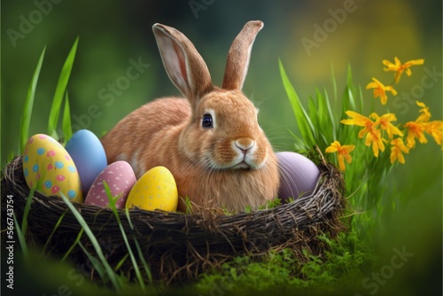 Rabbit inside the basket with easter eggs, easter holiday. Generative AI