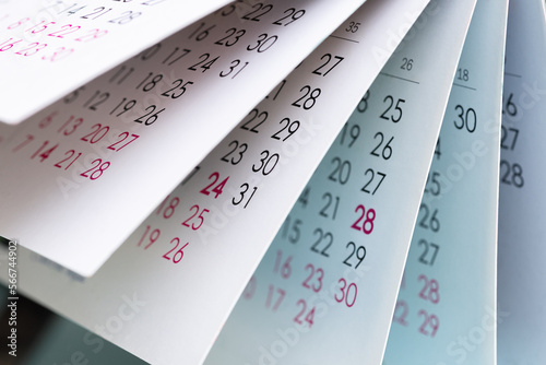 Calendar. Pages of a paper calendar. Close-up of calendar pages with date. 