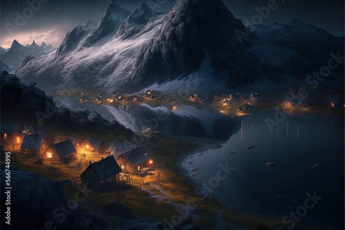 Night landscape of a viking village with mountains  river and rustic houses. Generative AI