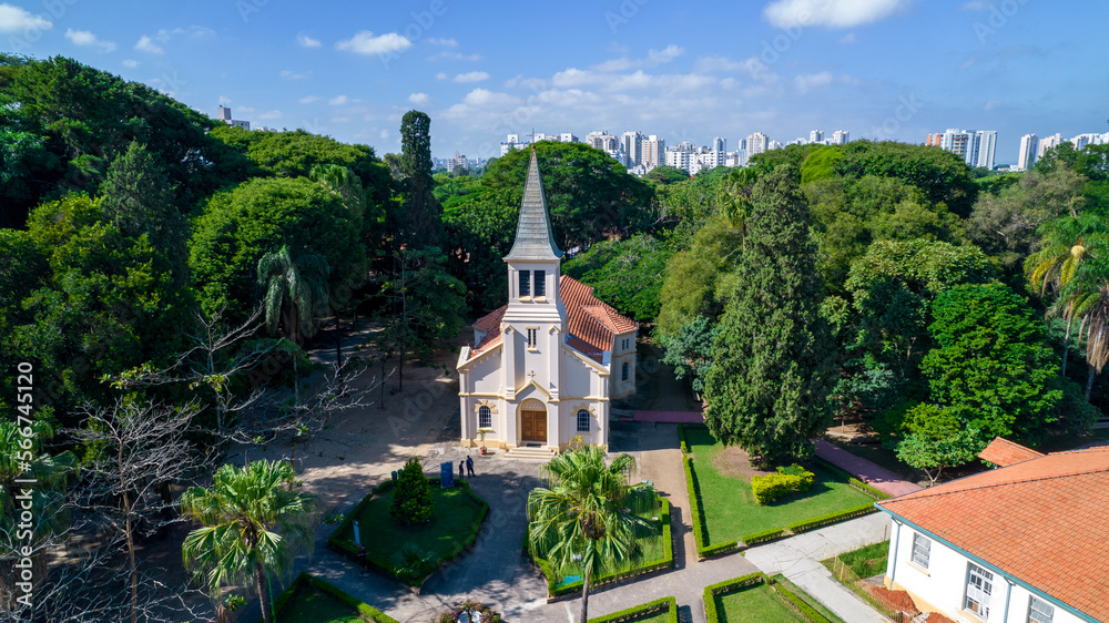 Aerial view of Parque Vicentina Aranha, in Sao Jose dos Campos, Brazil. Chapel and Old Sanatorium