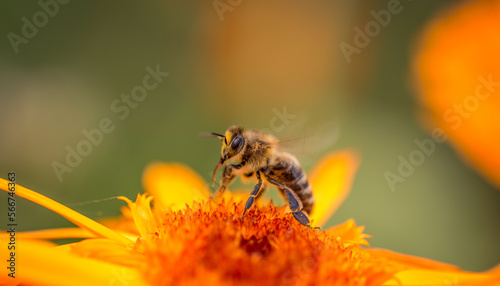 A honey bee pollinates orange flowers. Insects in the garden.