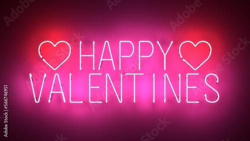 Happy Valentine's Day - neon sign with neon hearts against a plain reflective background