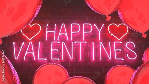 Happy Valentine's Day - neon sign with neon hearts against a brick wall with red balloons floating in the foreground