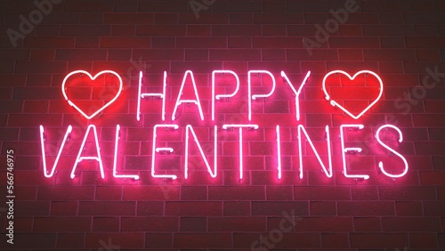 Happy Valentine's Day - neon sign with neon hearts against a brick wall