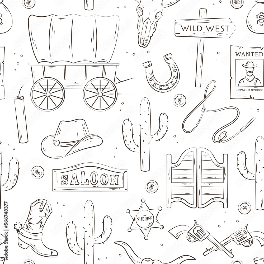 Wild West seamless pattern. Vector hand drawn background of western Texas with hat, cactus, wanted poster, sheriff badge, cow skull, horseshoe. Collection for fabric, print, illustration, web design - obrazy, fototapety, plakaty 