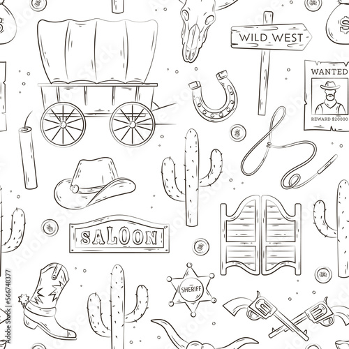 Wild West seamless pattern. Vector hand drawn background of western Texas with hat, cactus, wanted poster, sheriff badge, cow skull, horseshoe. Collection for fabric, print, illustration, web design