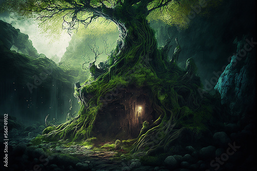 Leinwand Poster caverna encantada fantasia em floresta magica