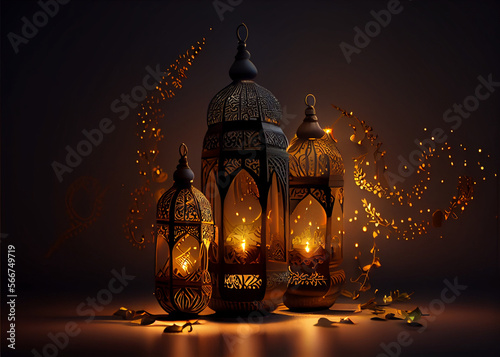 Ornamental Arabic lantern with burning candle glowing at night and glittering golden bokeh lights. AI Generated