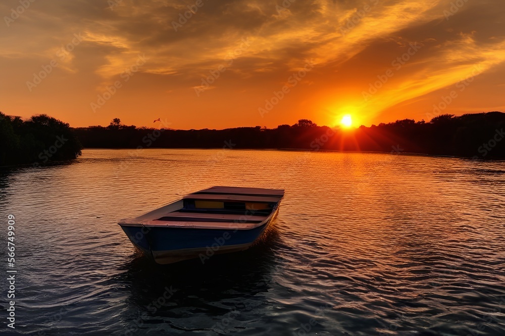 Naklejka premium Beautiful golden sunset on the river,boat, Beautiful nature around. - generative ai