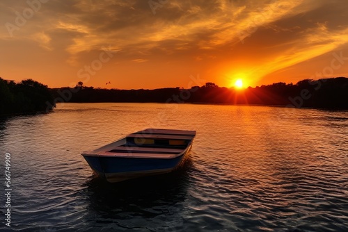 Beautiful golden sunset on the river,boat, Beautiful nature around. - generative ai