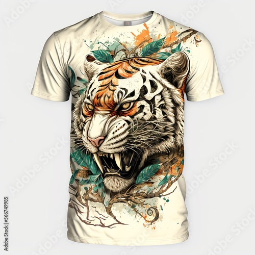 tiger patterned man t-shirt on white background angry wildanimal forest jungle predator siberian dangeorus safari clothes style  photo