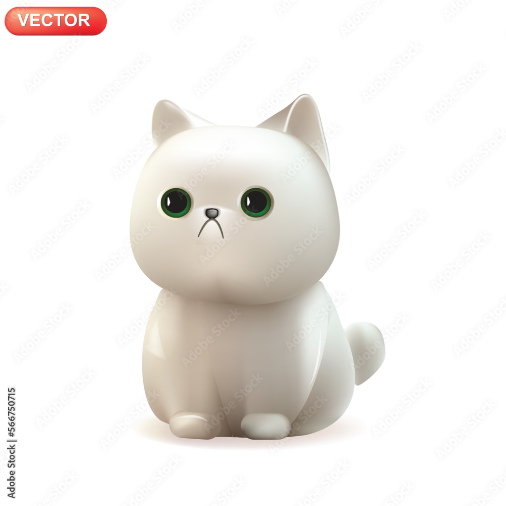 Illustration of cartoon white cat. 3D cute funny kitten with a tail. Isolated vector template of a white volumetric cat. Illustration of cartoon white cat. 3D cute funny kitten with a tail. Isolated vector template of a white volumetric cat.