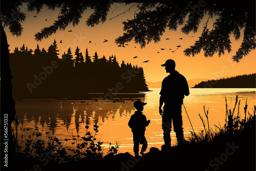 pai e filho juntos pescando em um fim de tarde 