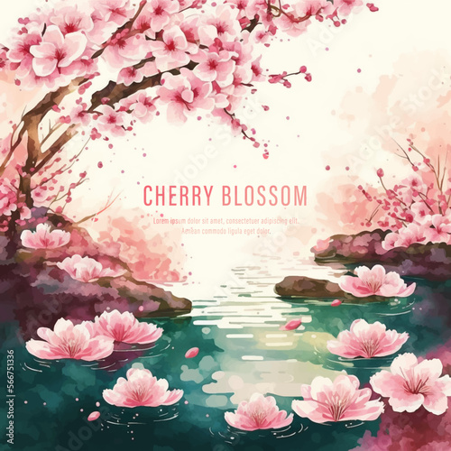 Watercolor vector landscape of cherry blossoms in japanese park