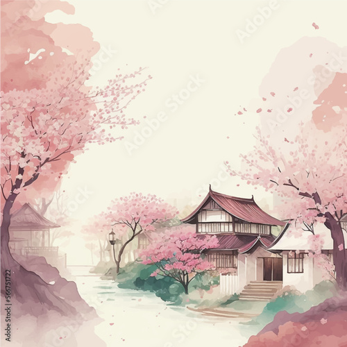 Watercolor vector landscape of cherry blossoms in japanese park