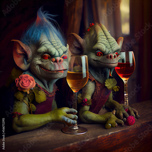 troll, trolle, norwegen, smile, trolls drinking wine in an imaginary pub or tabern photo