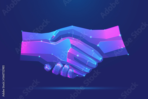 handshake low poly technology on blue background. Hands link internet connection. Business success concept. agreement partner. vector illustration fantastic mesh. relationship deal.