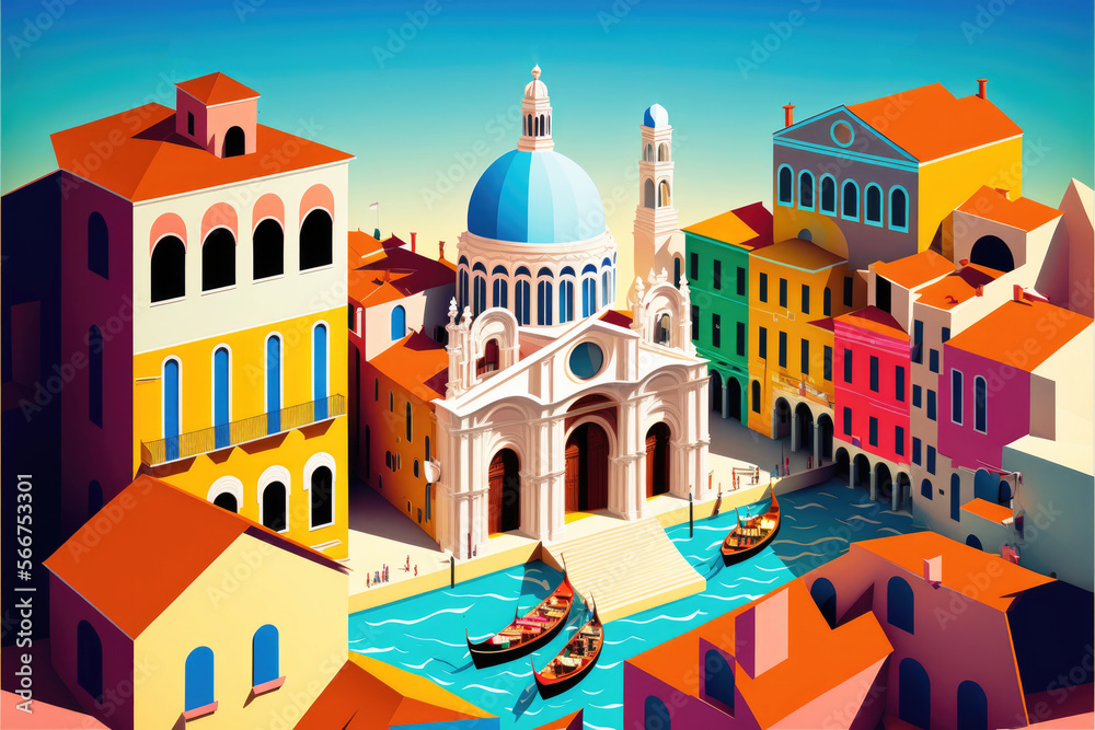 Colorful houses in Venice, Italy. Retro style toned picture - Colorful Flat Art. Generative AI