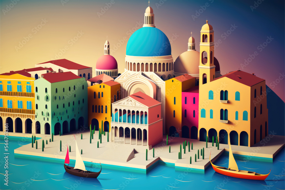 Fototapeta premium Colorful houses in Venice, Italy. Retro style toned picture - Colorful Flat Art. Generative AI
