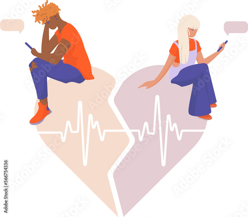 Broke up love couple African American guy and Caucasian girl sitting on the heart sending messages