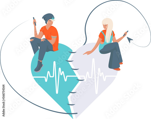 Young couple sitting on the heart sending messages, fixing their love 