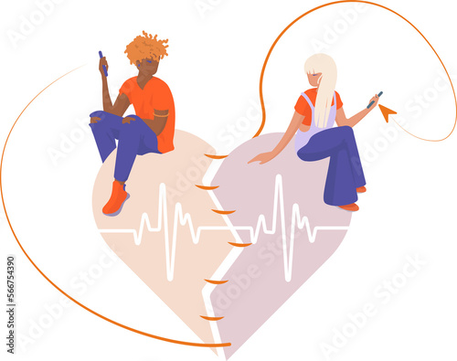 Love couple African American guy and Caucasian girl sitting on the heart sending messages 