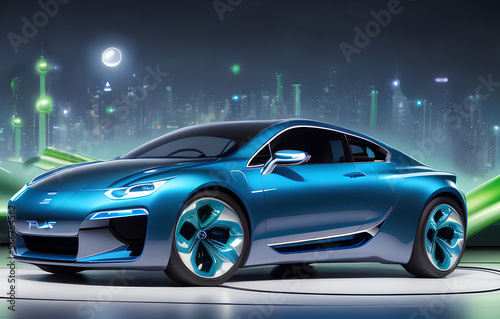 Blue metallic light electric hydrogen car concept in the night city of the future background. Unmanned vehicle Generativ AI.