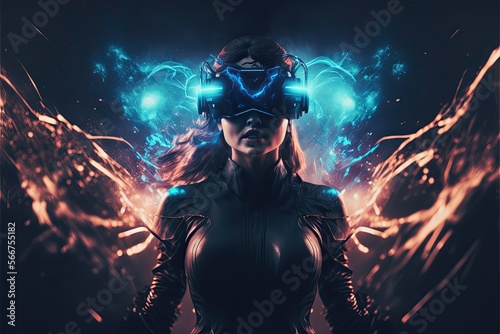 Illustration of people using VR headset - Futuristic background - Created with generative ai