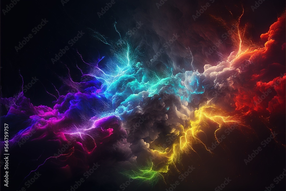  a multicolored cloud of smoke and lightening is seen in this image of a black background with a black background and a white border.  generative ai