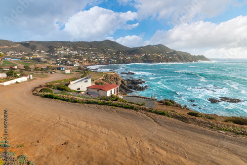 The rocky, scenic coastline along the Pacific Ocean at the cape of Punta Banda, southwest of the city of Ensenada, Mexico.