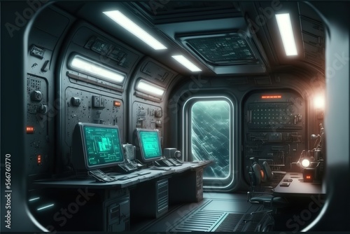 A laboratory in the interior of a spaceship and an empty podium for the presentation of a cyberpunk product. Technology and sci-fi concept. AI