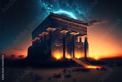 Majestic stone temple of ancient Babylon with a fantastic landscape. AI
