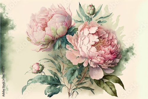 Luxurious light peony flowers in watercolor painting style. Botanical background or wallpaper design. AI