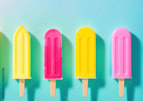 Multi-color popsicles on green background, pastel colours palette. Summer backdrop. Generative Ai