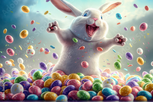 Happy Easter bunny with many colorful easter eggs. Generative AI. photo