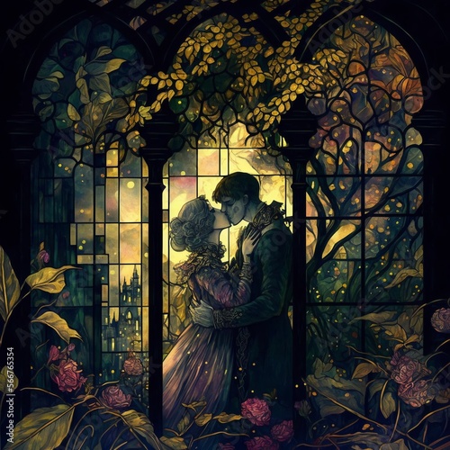 Fairytale Couple Kissing in Fantasy Bower with Stained Glass Window. Valentine’s Day Romance Lovers’ Kiss. [Sci-Fi, Fantasy, Historic, Horror Scene. Graphic Novel, Video Game, Anime, Comic, or Manga]