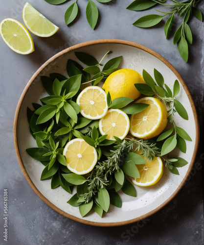 Bowl with fresh lemons and greens on stone table. Summer lemonade ingredients. Generative Ai