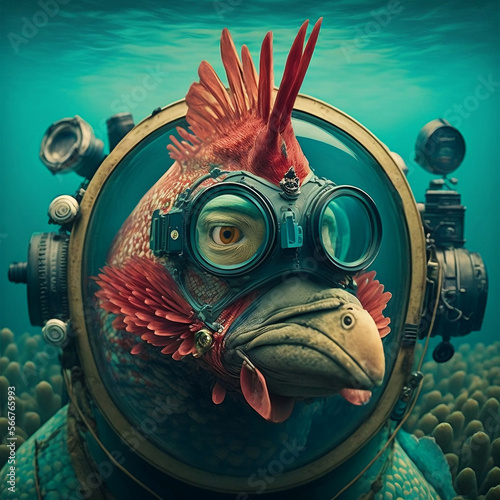 Rooster scuba diving. Chinese Horoscope. Chinese New Year 2023 photo