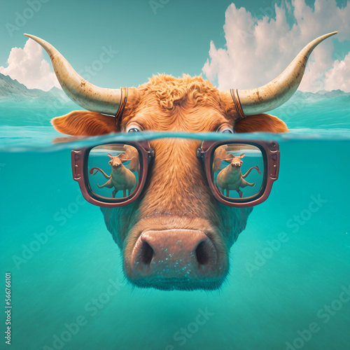 Ox at a pool wearing diving glasses. Chinese Horoscope. Chinese New Year 2023 photo
