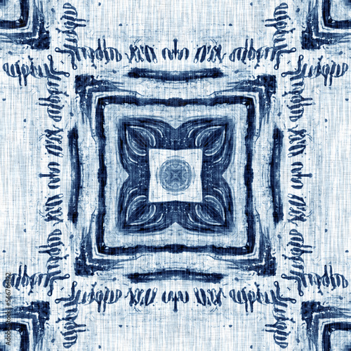 Indigo Dye Wash Coastal Damask Quilt Seamless Pattern. Washed out Geometric Dip Dyed Blur effect for Nautical and Marine Ocean Blue Interior Textile Backgrounds with Linen Texture Tile