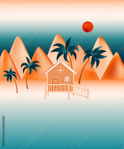 Summer house in Namib desert oasis near the ocean and sand dunes. Vector illustration with palm trees. Paradise sea beach, bungalow summer house for vacation, palms, sand, calm ocean water, sunset sky
