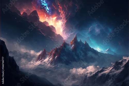 fantasy mountains in neon color in winter AI