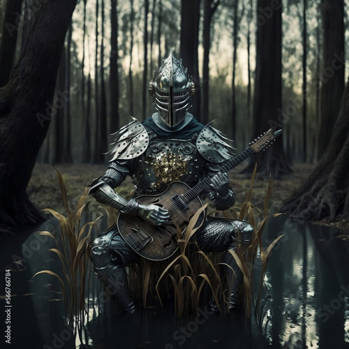 Fictional Knight Playing Guitar In A Swamp