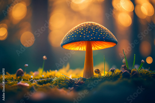 Mushroom in a forest on sunrise with bokeh effect with ai generative technology photo