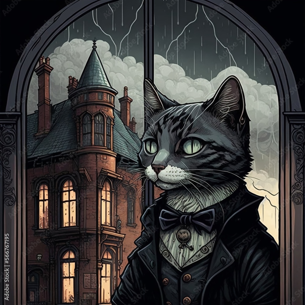 Victorian Cat in a Suit in Front of a Large Gothic Victorian Mansion in