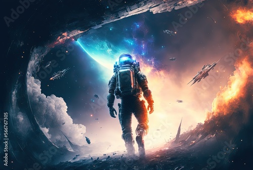 illustration of an astronaut in space battlefield, idea for sci-fi and space punk background wallpaper	
